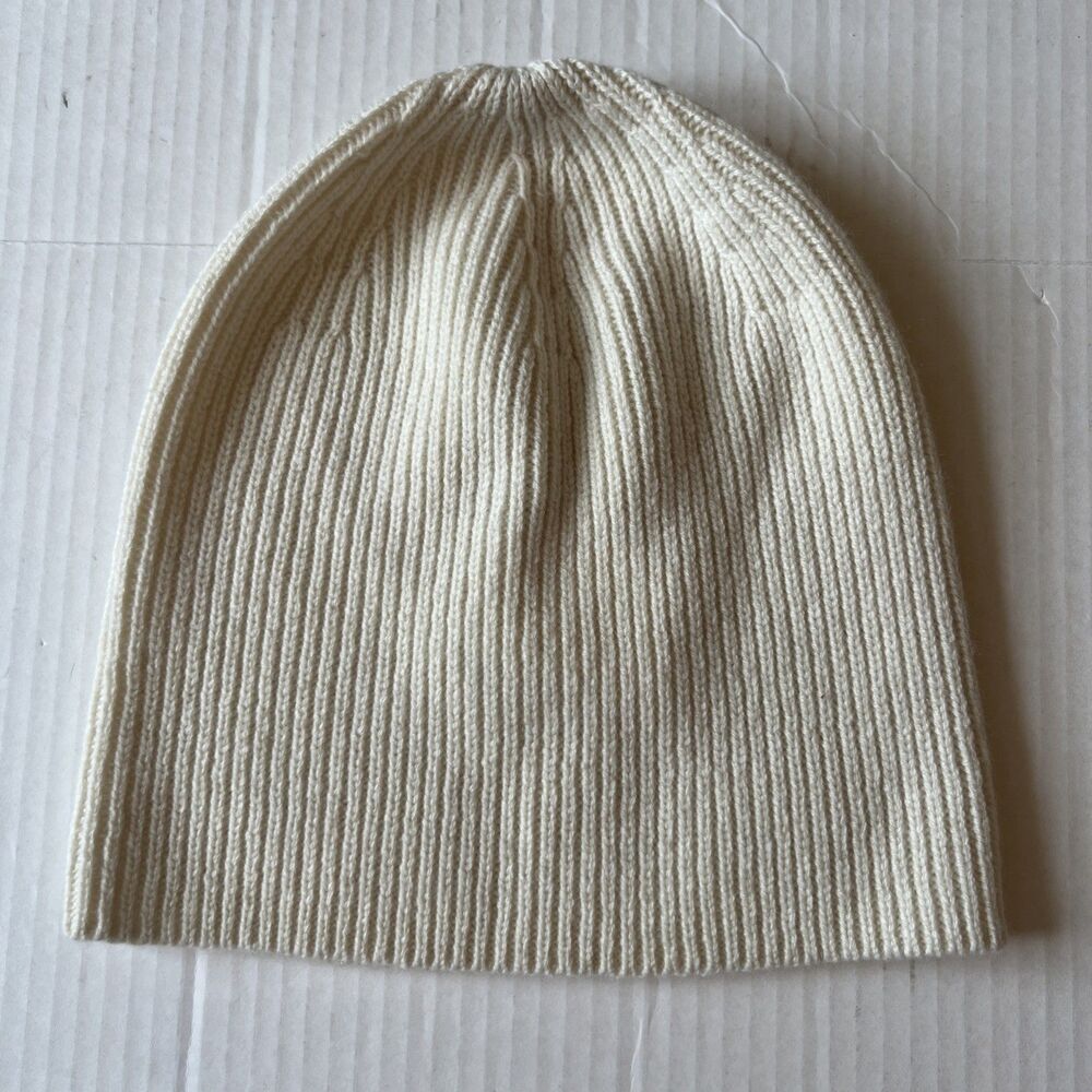 Theory 100% Cashmere Ribbed Beanie Hat Ivory One Size NWOT